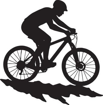 Dynamic silhouette of a skilled mountain biker navigating a challenging rugged and uneven rocky trail with speed and agility vector