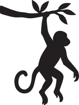 A detailed silhouette illustration of a playful monkey swinging from a leafy tree branch in a natural jungle setting vector