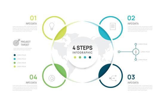 Venn diagram business infographic chart world circle template 4 steps options, presentation with venn diagram elements illustration. vector