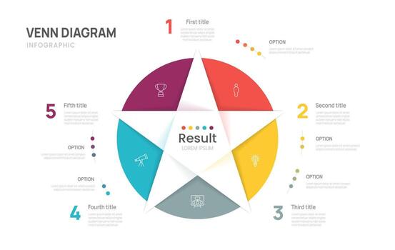 Venn diagram business infographic star chart template 5 steps options, presentation with venn diagram elements. vector