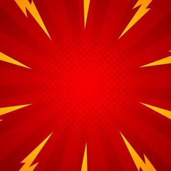 Abstract red comic sunburst background with lighting objects. Square template design vector