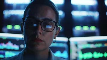 fêmea programador codificação Programas com uma sério expressão dentro uma moderno escritório meio Ambiente focado em cíber segurança dados análise e digital tecnologia. video