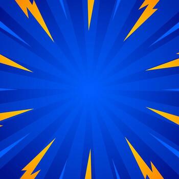 Abstract blue comic sunburst background with lighting objects. Square template design vector