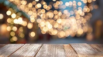 trä- tabell med suddig bokeh lampor skapande en värma, inbjudande atmosfär för festlig sammankomster video