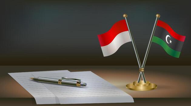 Indonesia and Libya flags on table in office. International relations on a dark gradient color background. vector