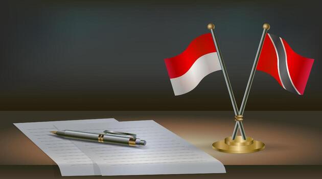 Indonesia and Trinidad and Tobago flags on table in office. International relations on a dark gradient color background. vector