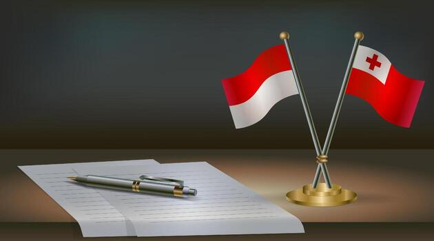 Indonesia and Tonga flags on table in office. International relations on a dark gradient color background. vector
