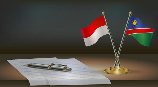 Indonesia and Namibia flags on table in office. International relations on a dark gradient color background. vector