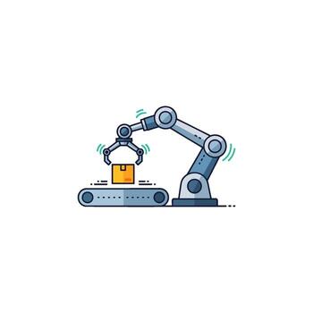 Robotic Arm Placing Object On Conveyor vector