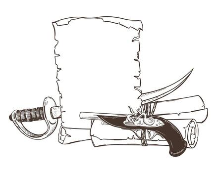 bosquejo de antiguo papel sábana y rollos arrollado dentro un rollo. sable y chispa pistola. pirata armas vacío modelo para texto, buscado. lineal tinta dibujo de de corsario sable y armas de fuego vector