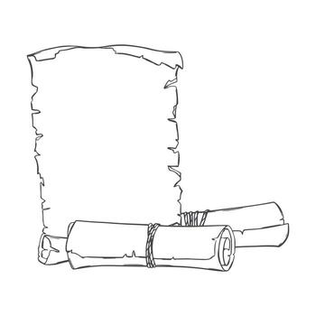 bosquejo de un antiguo sábana de papel y rollos arrollado dentro un rollo. antiguo manuscrito. vacío modelo para texto en antiguo estilo. imitación de grabado técnica. lineal dibujo en tinta. vector