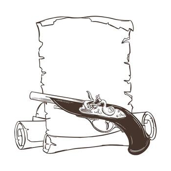 sketch of old paper sheet and rolled scrolls. Antique flintlock pistol with wooden handle. Blank template for text required. Linear ink drawing. Pirate and filibusters weapon. vector