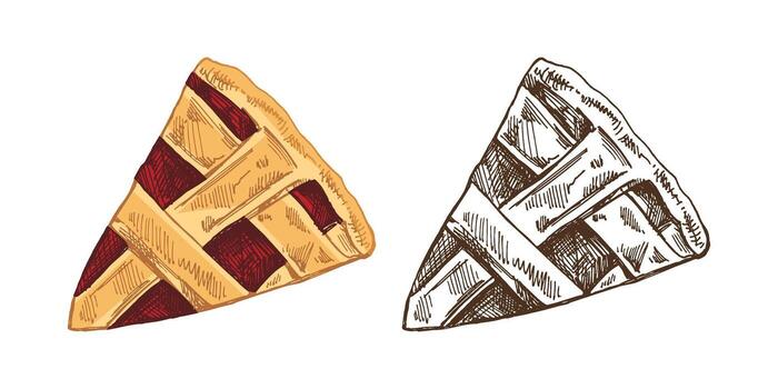 Hand drawn vintage sketch of cherry pie slice with lattice crust in color and monochrome bakery design vector