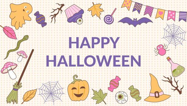 Halloween cute banner with Halloween objects. Background with copy space in a flat style. vector