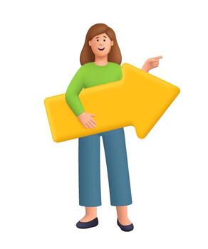 Young smiling woman Kate holding large yellow arrow and pointing forward. Direction, choice, decision making, progress and navigation concept. 3d people character. Cartoon minimal style. vector