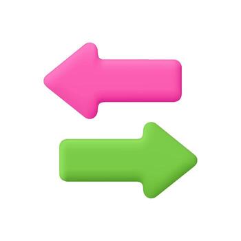 Green and pink arrows, pointing left and right. Direction, exchange, or transfer, communication, navigation and data flow concept. 3d icon. Cartoon minimal style. vector
