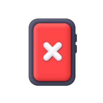 teléfono inteligente o móvil dispositivo con rojo pantalla demostración un blanco cruzar símbolo. error, borrar, Cancelar, cerca, o incorrecto símbolo de acción. 3d icono. dibujos animados mínimo estilo. vector