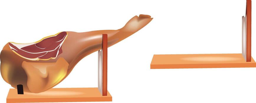 Iberian ham leg resting on wooden stand with empty stand displaying culinary delights vector
