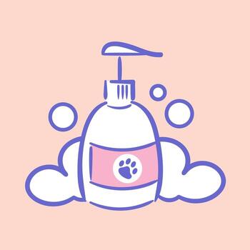 A playful illustration showcasing a sketch-style pet shampoo bottle with a charming label. foam, adding a fun touch. The design captures the essence of pet grooming vector