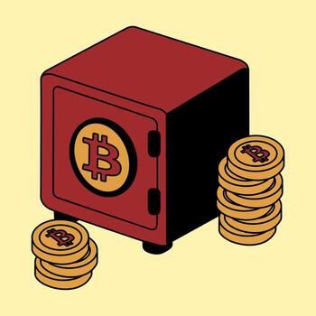 A red safe with Bitcoin symbol surrounded by stacks of golden cryptocurrency coins on a yellow background, representing crypto security and digital asset storage vector