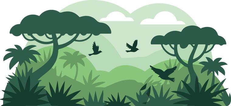 illustration of jungle scene with birds and trees vector