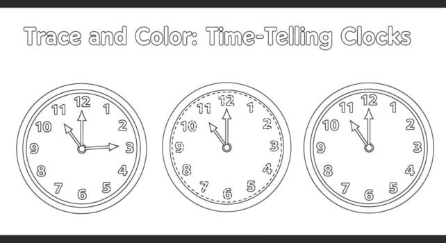 Engaging Printable Worksheet Trace, Color, and Learn to Tell Time with Analog Clocks for Kids vector