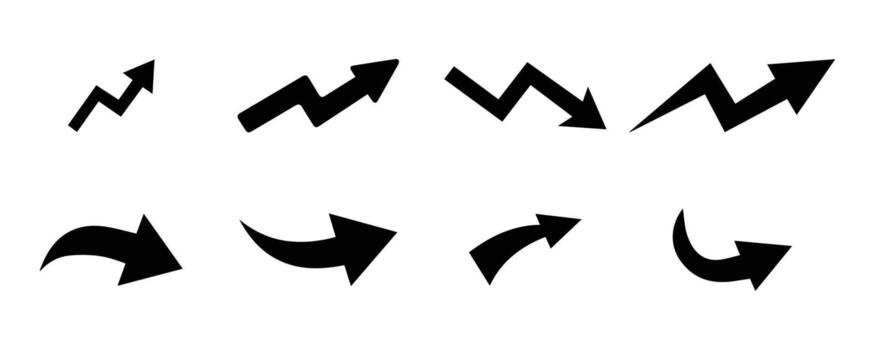 flat arrow icons set. Directional arrows, curved, straight, circular, and zigzag symbols. Navigation, movement, rotation, looping, and pointing elements. vector