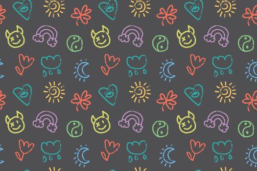Colorful doodle seamless pattern with hand drawn icons and shapes smiley, heart, yin yang, rainbow, flower, cloud, moon, three leaf clover on dark background. Sketchy grunge style vector