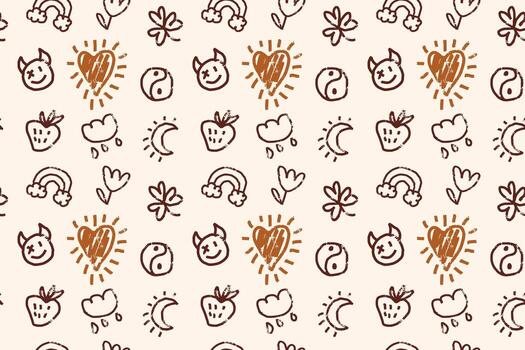 garabatear sin costura modelo con mano dibujado íconos y formas sonriente, corazón, yin yang, arcoíris, flor, nube, fresa, luna, Tres hoja trébol en ligero antecedentes. incompleto grunge estilo vector