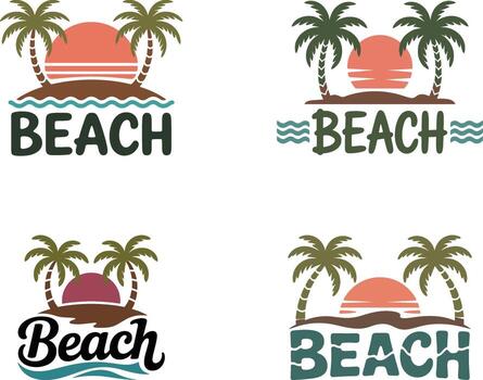 Four beach themed graphics with palm trees sun and ocean waves in various styles vector