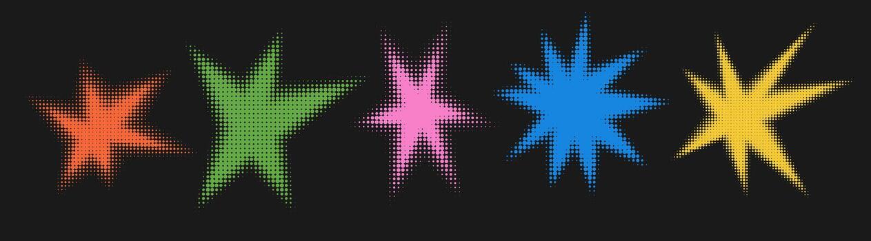 Set of abstract halftone multicolor textured shape. Retro gradient spiked circle stickers. vector