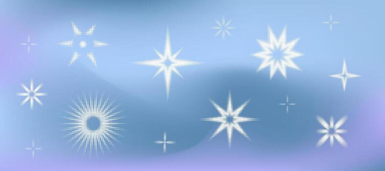Gradient background with twinkle halftone stars shape. Dotted grain starburst collection on blue mesh in y2k pop style vector