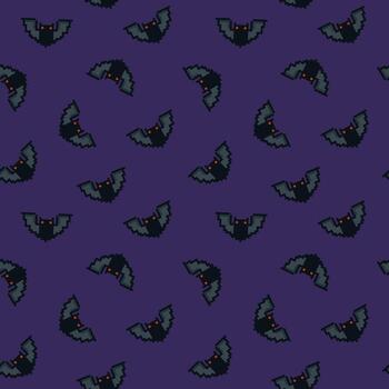 Seamless pixel art pattern featuring dark bats with glowing red eyes on a deep purple background vector