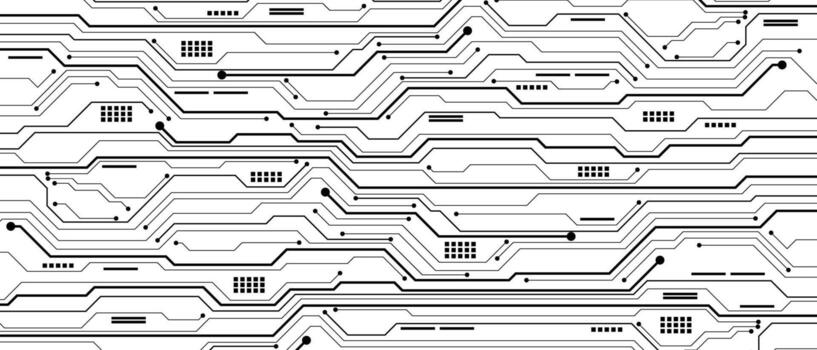 Abstract black circuit board technology connected lines electronics elements computer motherboard digital white background vector