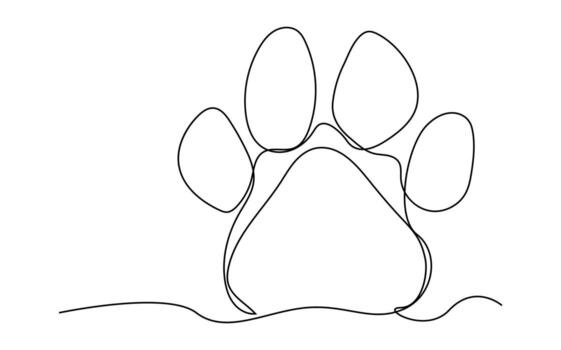 Continuous one line art of a animal paw pad, One line drawing of a dog paw print in minimalist outline style. vector