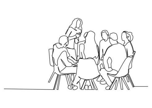 continuo uno línea Arte de joven contento entrenador dando vida habilidad lección a el clase miembros negocio formación y presentación concepto vector