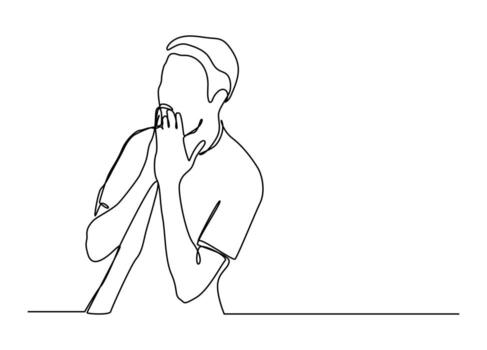 continuo línea Arte de conmocionado hombre minimalista negro lineal bosquejo aislado en blanco antecedentes. vector