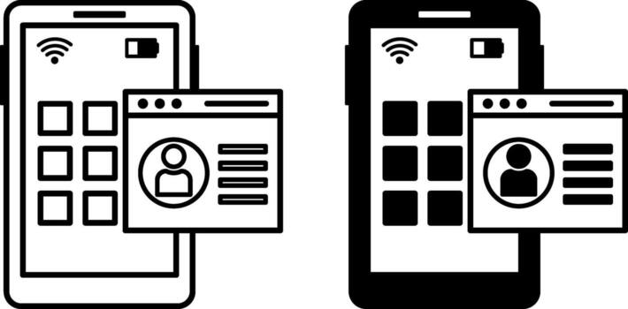 Mobile Application Icons. Black and White Illustrations. Mobile Phone, Buttons, Wi-Fi, Battery Charger, and Application Tab. Program for Mobile Device. Information Technology Concept vector