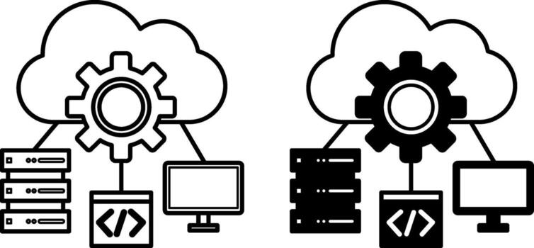 eso infraestructura iconos negro y blanco ilustraciones. nube, base de datos, computadora, y sitio web desarrollo. complejo de hardware y software, redes, servicios, y tecnologías vector