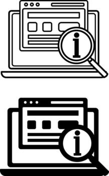 información recuperación iconos negro y blanco ilustración. computadora portátil, solicitud, y información en un aumentador vaso. hallazgo, seleccionando, y extrayendo datos desde varios fuentes para el usuario vector