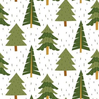 Pattern of various green Christmas trees. Flat color seamless texture. Fluffy, triangular, sharp. Various decorated Christmas trees. Design for packaging. Picnic, camping, walking in the forest vector