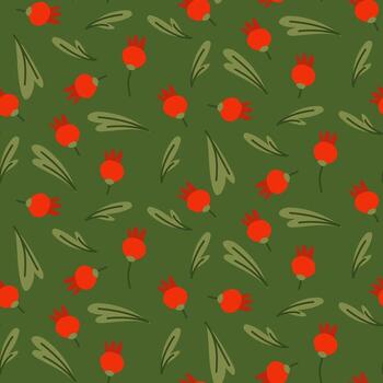 Pattern with red cranberries on green. Flat color seamless texture. Forest element. Harvesting. Green leaves and round berries growing in swamp. Design for packaging. Picnic, hike, walk in the forest vector