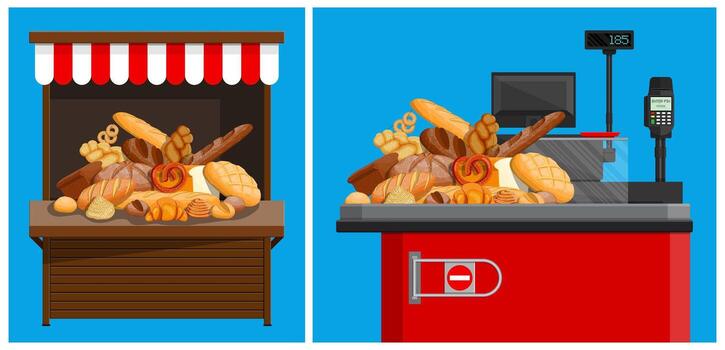 Bakery stall with various bread types vector