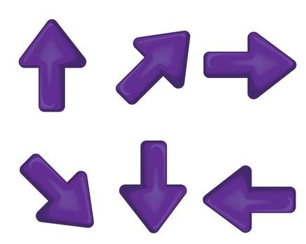 Glossy purple 3d arrow icon set showing multiple directions including up down left and right Perfect for navigation designs user interface graphics and digital concepts vector