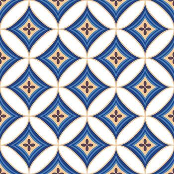 Intricate geometric seamless pattern featuring elegant blue and white interlocking ovals with delicate golden floral motifs, creating a captivating decorative background design vector