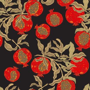 a pattern with pomegranates on black background vector