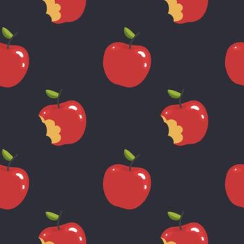 Seamless pattern with whole and bitten red apples on a dark blue background vector