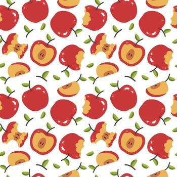 Seamless pattern with whole and bitten red apples on a white background. illustration vector