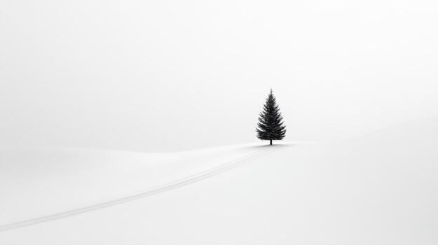 Solitary and dark single tree stands in quiet winter snow landscape. minimalist composition evokes sense of peaceful solitude and calm in vast, empty space photo