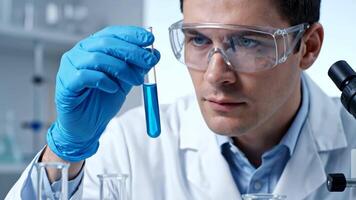 focado masculino cientista examinando azul líquido dentro teste tubo dentro moderno laboratório video